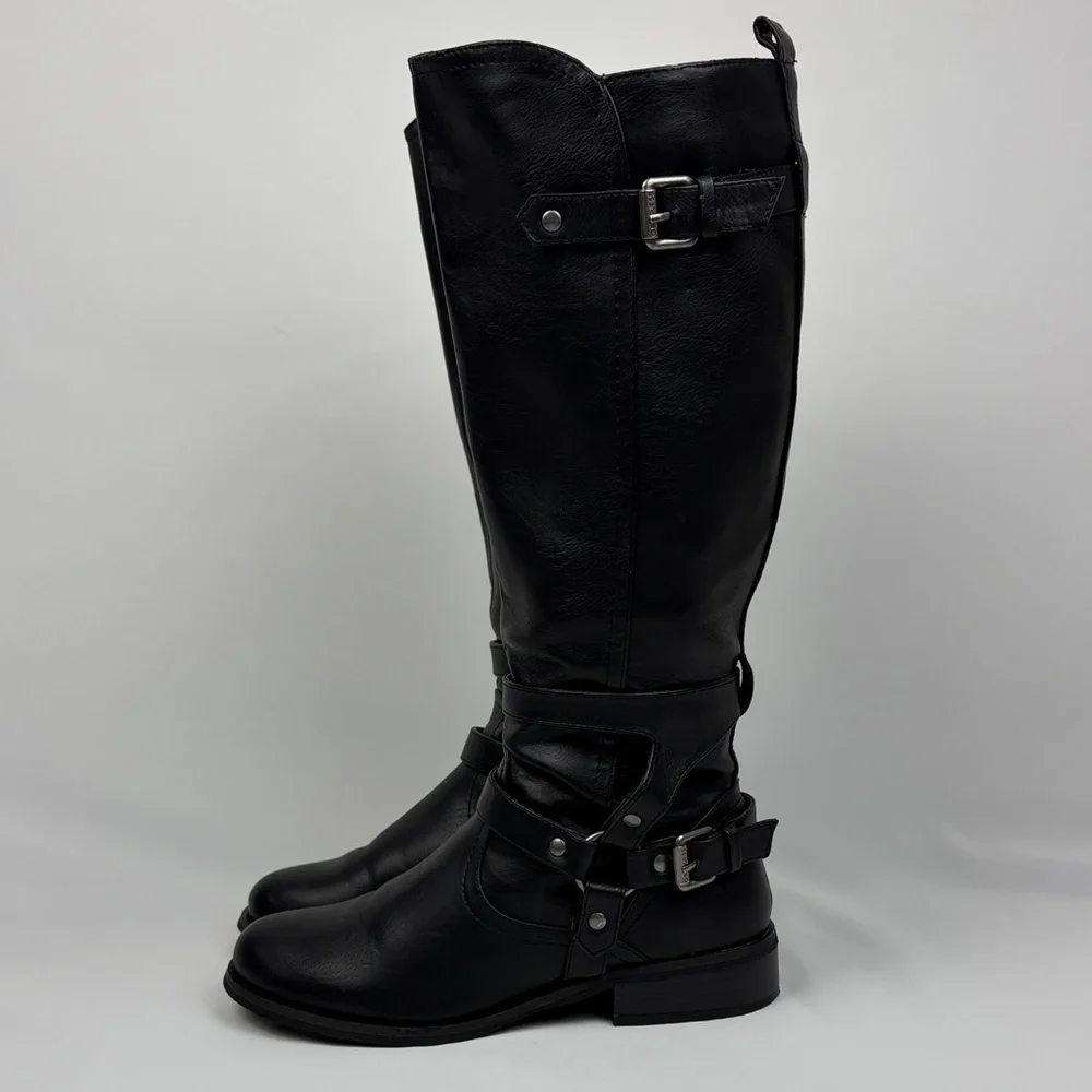 G by Guess Hyderi Black Knee High Riding Boots Buckle Harness Size 9